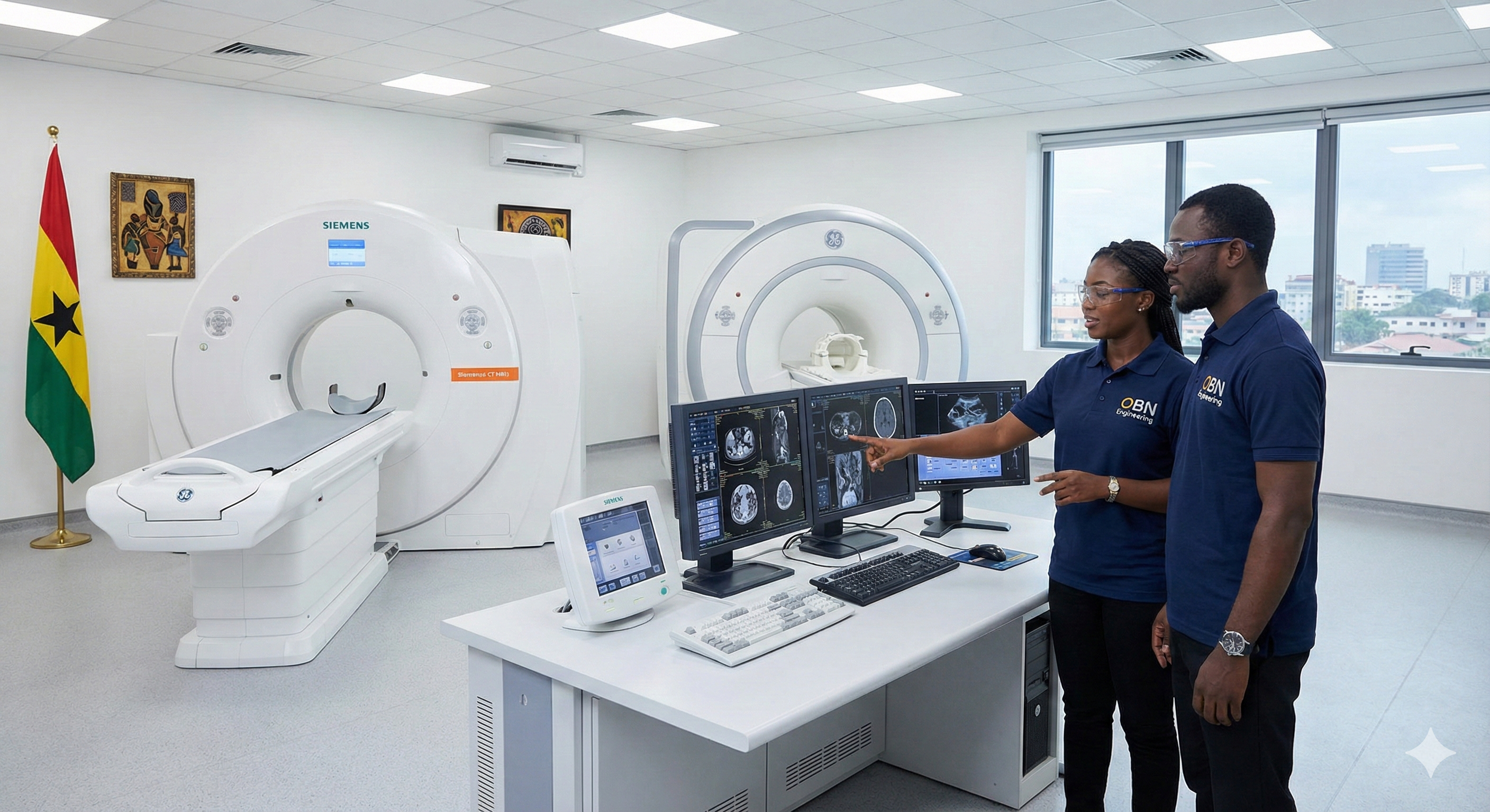 Ghanaian biomedical engineers calibrating equipment